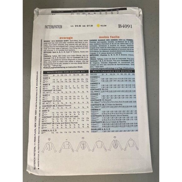 Butterick B4091 Basque Shirt Sewing Pattern Size 18 20 22 Historical UNCUT NEW - Picture 4 of 7